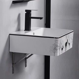 Lavabo treo tường kiểu vuông, màu trắng họa tiết hươu nai xinh đẹp