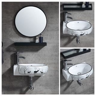Lavabo mini treo tường thương hiệu Sebas, màu trắng họa tiết xinh đẹp