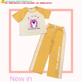 💖Hàng sỉ SG💖 Bộ áo croptop quần ống rộng bé gái, in hình gấu dâu, size 11-15 từ 40-55kg, top1dropship_00208_09080208_sg1 giá sỉ