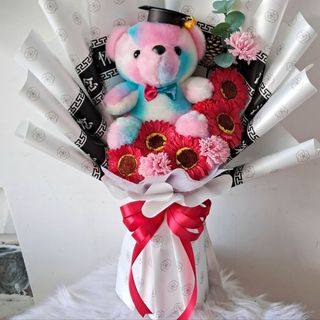 Bó hoa hướng dương kèm gấu tốt nghiệp, bó hoa gấu tốt nghiệp, quà tặng tốt nghiệp