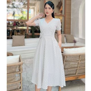 [HCM] Đầm xòe chấm bi phối hoa dễ thương D086 - Khánh Linh Style- Ladyfashion giá sỉ