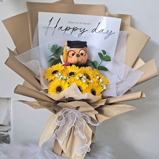 Bó hoa hướng dương kèm gấu tốt nghiệp, bó hoa hướng dương bằng sáp, quà tặng tốt nghiệp