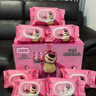 KHĂN ƯỚT GẤU DÂU HỒNG LOTSO (THÙNG 32 GÓI)