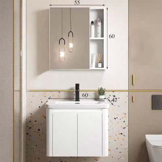Bộ tủ lavabo treo tường bằng nhôm, màu trắng có đèn led sang trọng