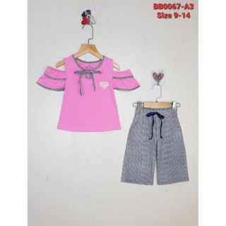 BB0067-A3 - Bộ bé gái - Bộ cotton ngắn tay khoét vai, quần kẻ, màu hông đậm, hiệu BabyKids, size nhỡ 9t-14t , ri6 giá sỉ