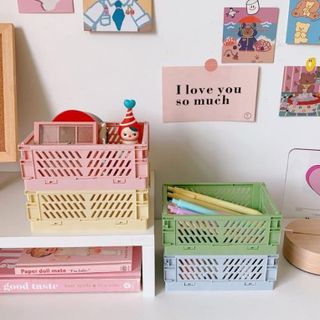khay giỏ nhựa xếp chồng gấp gọn, đựng văn phòng phẩm, sticker washi, mỹ phẩm tiện dụng
