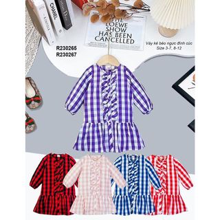 R230267 - Váy dài tay, bé gái, sọc caro, bèo ngực, size 8t-12t, ri6, nhà phân phối Vkids giá sỉ