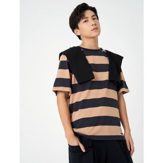 Áo phông nam kẻ CANIFA chất liệu cotton pha đính patch trang trí gấu áo, phom regular 8TS23S018 ,sỉ liên hệ Top1Kids