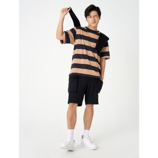 Áo phông nam kẻ CANIFA chất liệu cotton pha đính patch trang trí gấu áo, phom regular 8TS23S018 ,sỉ liên hệ Top1Kids