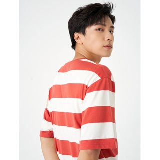 Áo phông nam kẻ CANIFA chất liệu cotton pha đính patch trang trí gấu áo, phom regular 8TS23S018 ,sỉ liên hệ Top1Kids