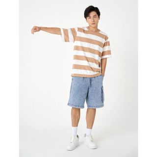 Áo phông nam kẻ CANIFA chất liệu cotton pha đính patch trang trí gấu áo, phom regular 8TS23S018 ,sỉ liên hệ Top1Kids