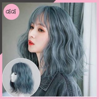Tóc Giả Nguyên Đầu Xoăn Ngang Vai Mái Bằng Ombre Xanh  ,, top1wow_083992