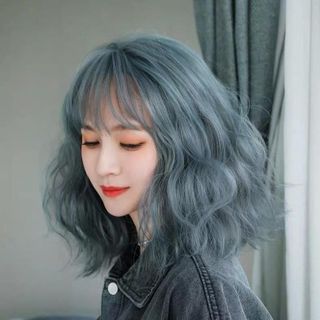 Tóc Giả Nguyên Đầu Xoăn Ngang Vai Mái Bằng Ombre Xanh  ,, top1wow_083992