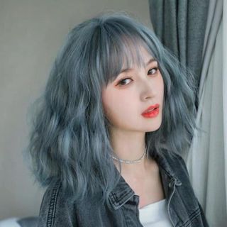Tóc Giả Nguyên Đầu Xoăn Ngang Vai Mái Bằng Ombre Xanh  ,, top1wow_083992