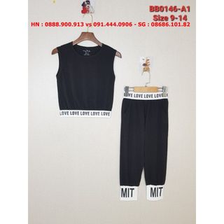 Bộ cotton thể thao bé gái, áo sát nách quần lửng màu đen hiệu Tinykids size 9-14, BB0146-A1 giá sỉ