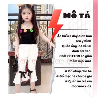 Bộ bé gái áo 2 dây đính hoa, quần lửng ống loe, cotton cao cấp,9-35kg, Top1Kids_211106_sg2