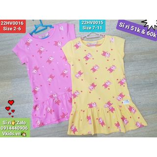 22HV0015-A1 -  Váy cotton , bé gái , tay bèo , in  Pepa, size 7t-11t , ri5 , nhà phân phối Vkids giá sỉ