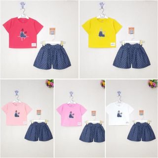 BB0584-A1 - Bộ cotton, quần đùi váy nơ giả jean, bé gái, thêu đắp hình cô gái, màu hồng đỏ, size to 9-14 giá sỉ