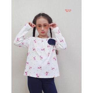 YB0143-A1 - Bộ bé gái cotton dài tay , in tràn thiên nga , màu tôm , size bé 1t-8t giá sỉ