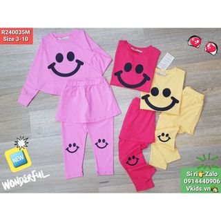 R240035M - Bộ cotton chân váy liền quần in mặt cười, bé gái, size 3t-10t, ri8, nhà phân phối Vkids giá sỉ