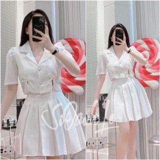 Set áo nơ kèm chân váy xếp ly