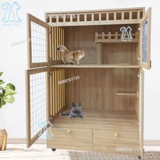 Chuồng Mèo Gỗ MDF Cốt Lõi Xanh Chống Ẩm, Nhà Cho Thú Cưng Hai Tầng Giá Tại Xưởng