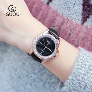 Đồng hồ chính hãng GUOU 8205 dây da mặt tròn đính đá dành cho các quý cô