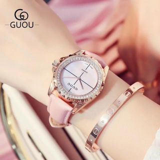 Đồng hồ chính hãng GUOU 8205 dây da mặt tròn đính đá dành cho các quý cô