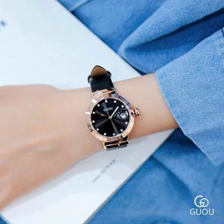 Đồng hồ chính hãng GUOU 8208 dây da mặt tròn dành cho các quý cô