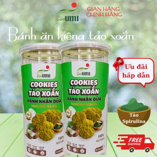 Bánh Cookies Tảo Xoắn Hạnh Nhân Dừa Hộp 250gr, Bán cookies ăn liền hữu cơ ít đường UMI