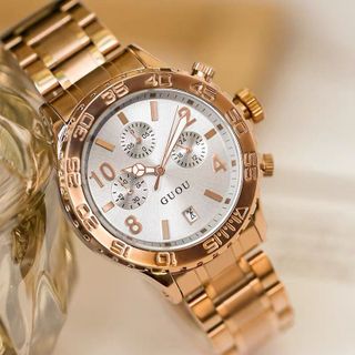 Đồng hồ chính hãng GUOU 8116 dây kim loại mặt tròn dành cho các quý cô