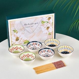 Set bát sứ ăn cơm 6 chiếc tặng kèm 6 đôi đũa gỗ đa dạng mẫu mã