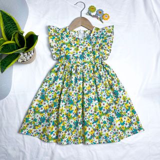 Váy Hoa Bé Gái Đầm Tay Cánh Tiên Cho Bé Chất Liệu Thô Cotton