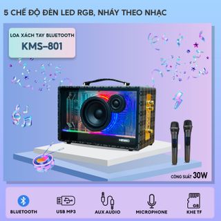 Loa Xách Tay Kimiso KMS 801 - Âm Thanh Căng Chắc Mạnh Mẽ Chân Thực Sắc Nét Đèn Led RGB Độc Đáo Nháy Theo Nhạc Kết Nối Bluetooth Dễ Dàng, Tặng Kèm 2 Micro Karaoke Sạc Pin Qua Cổng Type-C