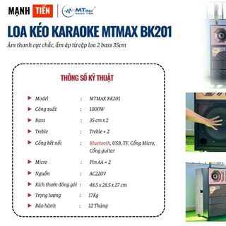 Loa Kéo MTMAX BK201 - Loa Khủng Long 2 Bass 35 Cho Ra Chất Âm Uy Lực Đi Kèm 2 Micro Cao Cấp Tặng Bộ Pin Sạc B02