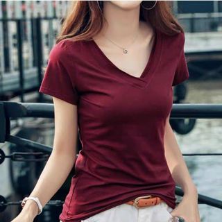 Áo thun nữ cổ tim trơn thun thoáng-Thu