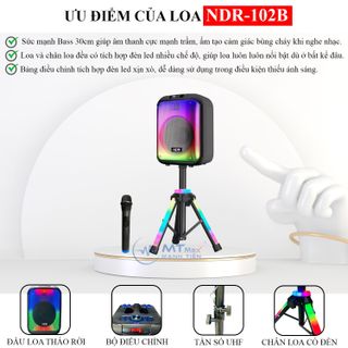 Loa Bluetooh Karaoke NDR 102B - Loa Đèn Led Cực Đẹp 7 Chế Độ, Âm Thanh Mạnh Mẽ, Trầm Ấm, Kết Nối Bluetooth, USB, TF, AUX, TWS, Đi Kèm Chân Loa Có Led RGB Và Micro Không Dây Đa Năng giá sỉ