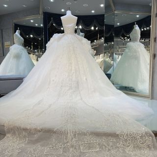 Váy Cưới Công Chúa Ống Dây Châu Li Xếp Đuôi Dài Cao Cấp ( Hàng, Giá Tận Xưởng)