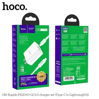 BỘ CỦ SẠC HOCO C80 KÈM CÁP SẠC TYPE C TO LIGHTNING SẠC NHANH 20W PD QC3.0 giá sỉ