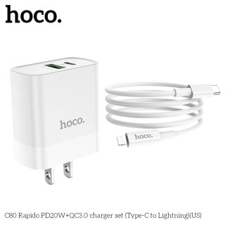 BỘ CỦ SẠC HOCO C80 KÈM CÁP SẠC TYPE C TO LIGHTNING SẠC NHANH 20W PD QC3.0