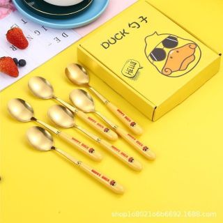 Set 6 cái muỗng inox hình vịt con màu vàng đáng yêu