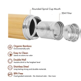 Bình giữ nhiệt tre 500ml -  Túi lọc kép - Thép không gỉ SUS304 - Pha trà, cafe, nước trái cây
