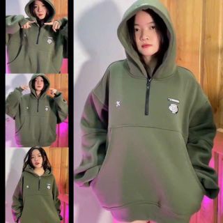 Áo hoodie croptop dây kéo nửa cổ phối thân và tay, hình thêu ở thân và nón, nón 2 lớp lót vải chính from 70kg. Giá sỉ - giá bán buôn