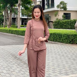 Đồ Lam Đi Chùa Nữ, Mẫu Cổ Tròn Thêu Hoa Sang Trọng Chất Vải KATE Thoáng Mát - M 141