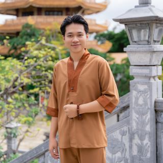 Bộ lam đến chùa nam cao cấp - cổ Y phối gấm- vải cotton hàn thấm hút tốt - SE54