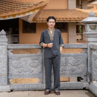 Bộ lam đến chùa nam cao cấp - cổ Y phối gấm- vải cotton hàn thấm hút tốt - SE54
