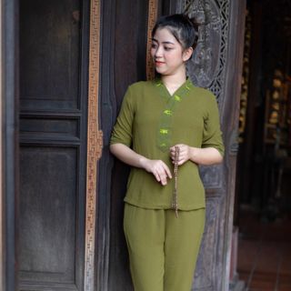 Đồ Lam Đi Chùa Nữ, Mẫu Vải Đũi Thoáng Mát Phù Hợp Mọi Lứa Tuổi - M 587