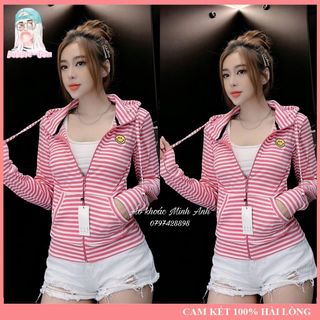 Áo Khoác Nữ Sọc Logo Mặt Cười Chất Liệu Thun Gân Tay Xỏ Ngón 6 Túi Freesize Dưới 60kg Bubble Gum