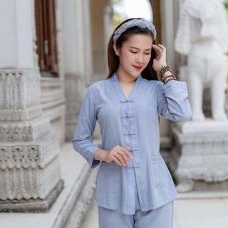 Đồ Lam Nữ Đẹp, Bộ Bà Lai Nẹp Thêu Tay, Túi Nút Hoa, Vải Lụa Nhật Thoáng mát - M 728