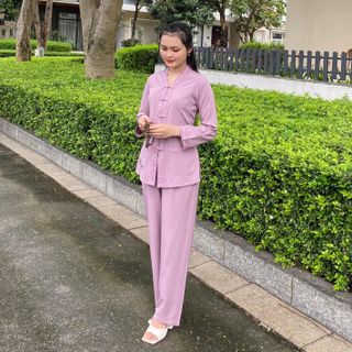 Đồ Lam Nữ Đẹp, Bộ Bà Lai Nẹp Thêu Tay, Túi Nút Hoa, Vải Lụa Nhật Thoáng mát - M 728